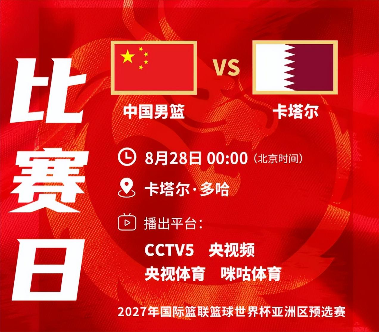 www.星空体育中央5台直播男篮时间表：8月28日凌晨，CCTV5直播中国PK卡塔尔